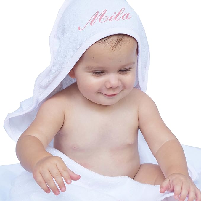 My Personal Memories Customized Baby Hooded Bath Towel - Monogrammed for Girl and Boy - Embroidered (White)