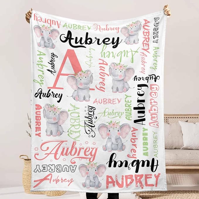 Personalized Name Toddler Blanket for Baby Kids, Cute Elephant Blankets for Daughter Son Granddaughter Grandson, Customized Name Blanket for Christmas Birthday, Baby Girl Boy Newborn Essentials