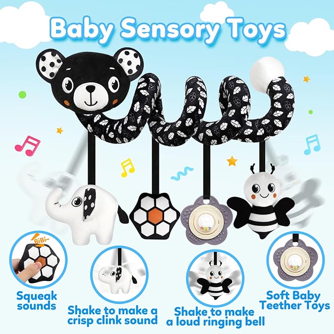 Baby Carseat Toy Black & White Rattle Spiral Hanging Activity Stroller Toy for Newborns Boys and Girls - Bear
