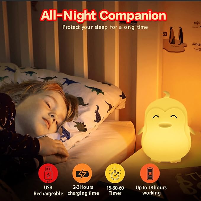 WHA&DARREN Penguin Night Light for Kids, Portable, Rechargeable Silicone Baby Night Light, Girls and Boys Animal Lamp, Kawaii Lamp