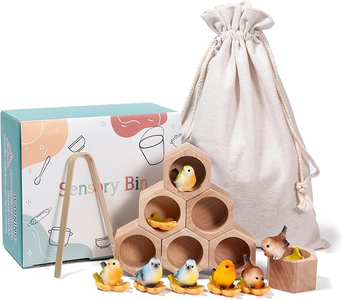 Sorting Stacking Wooden Toys for Toddlers, Bird Montessori Toys Toddler Sensory Bin Tool Toy, Wood Bird House Fine Motor Skill Toy Early Learning Preschool Educational Gift for Kids