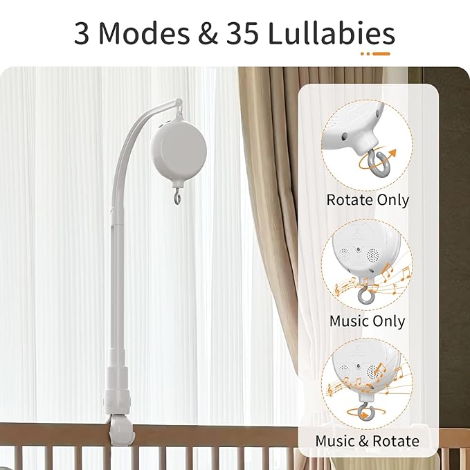FEISIKE Baby Crib Mobile Arm with Music Box Spin Motor,23 Inch,Volume Control,3 Modes(Turn & Music,Turn Only, Music Only),Nursery Decor Hanger,Holder for DIY Clamp Mobile,35 Lullabies,30 Min Auto-Off