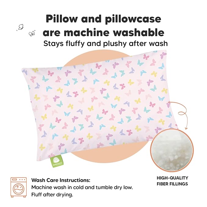Toddler Pillow with Pillowcase - 13x18 My Little Dreamy Kids Travel Bed Pillows for Sleeping, Organic Cotton Small Pillowcase, Soft & Breathable, Machine Washable, Toddlers 2-5 Years Old (Flutter)
