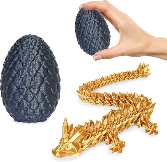 Small Dragon Eggs with Dragon Inside, 3D Printed Surprise Funny Gifts for Kids, Articulated Dragon Fidget Toys for Adults, Executive Desk Toys Office Room Décor (Shiny Black)