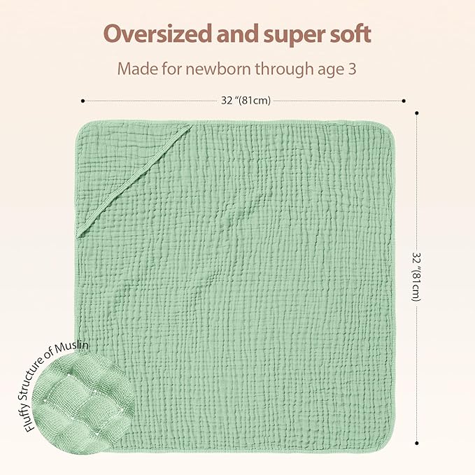 Hooded Baby Towels for Newborn - 2 Pack, 100% Muslin Cotton, Baby Bath Towels with Hood, Soft and Absorbent for Boys, Girls Infant, Toddler and Kids, Large 32x32 Inches, Newborn Essential