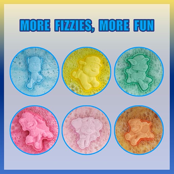 Paw Patrol 6 Pack Cucumber Melon Scented Bath Bombs Non-Toxic Character Molded Bath Bombs Fun and Bright Colors Great for Birthday Gifts, Stocking Stuffers, Slumber by Townley Girl