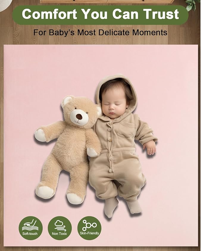 Baby Play Gym with Soft Foam Mat – Removable & Machine Washable Cover, Velvet Tummy Time Mat with 6 Sensory Toys, Non-Slip Activity Mat for Infant Development, Newborn Essentials Gift, Pink