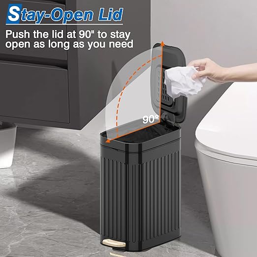 Small Bathroom Trash Can with Air Freshener Soft Close Lid, 6 Liter/ 1.6 Gallon Stainless Steel Garbage Can with Removable Inner Bucket, Step Pedal, Slim Wastebasket for Bedroom, Toilet, Office,Black