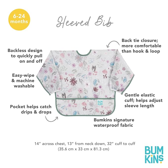 Bumkins Sleeved Bib for Girl or Boy, Baby and Toddler for 6-24 Mos, Essential Must Have for Eating, Feeding, Baby Led Weaning Supplies, Long Sleeve Mess Saving Food Catcher, Soft Fabric, Floral Gray