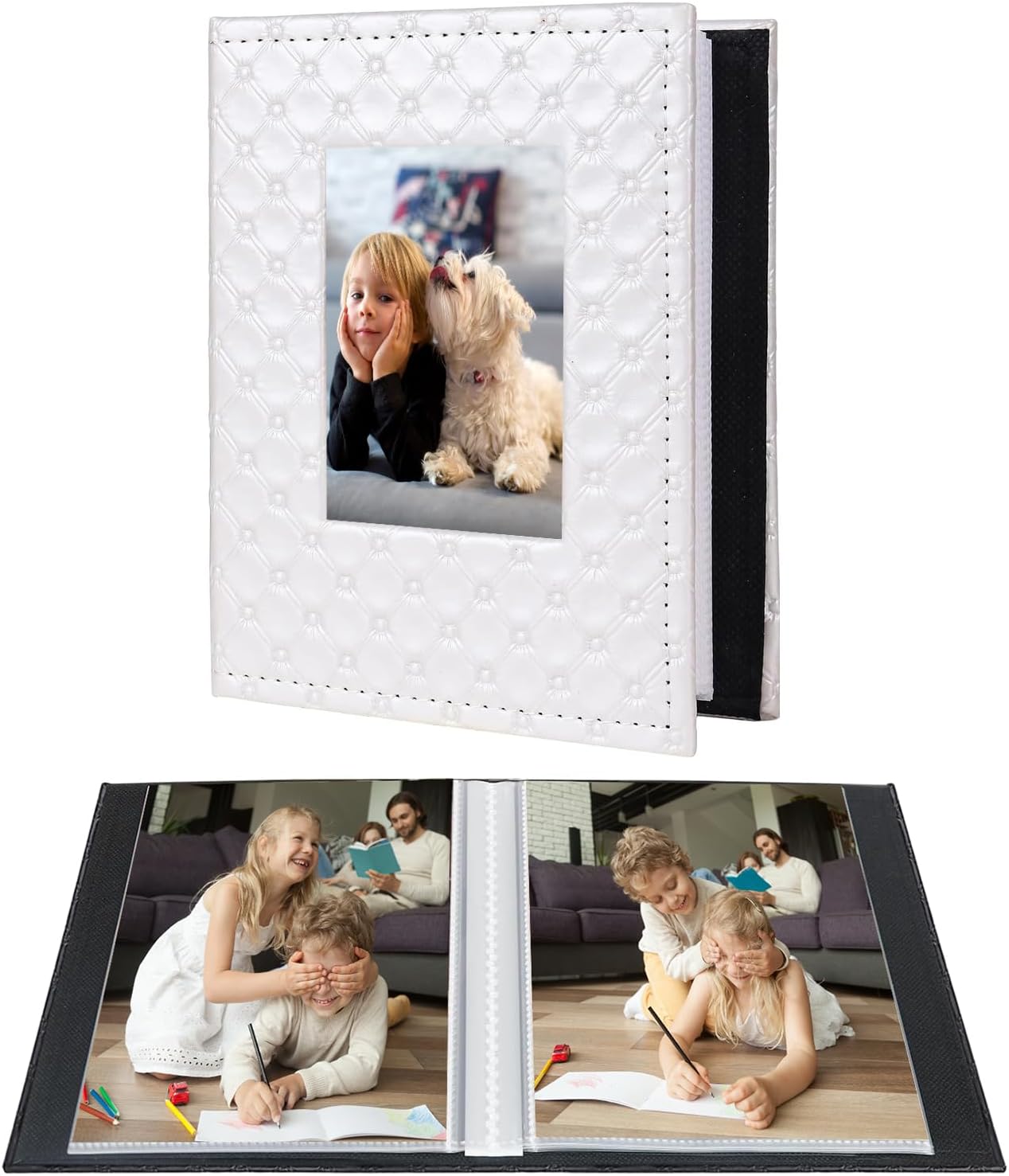 RECUTMS Photo Album 4x6 52 Photos, Small Photo BookButton Grain PU Leather Window 26-Sheet Holds 52 Pictures for Picture Album Wedding Family Baby Vacation(White)