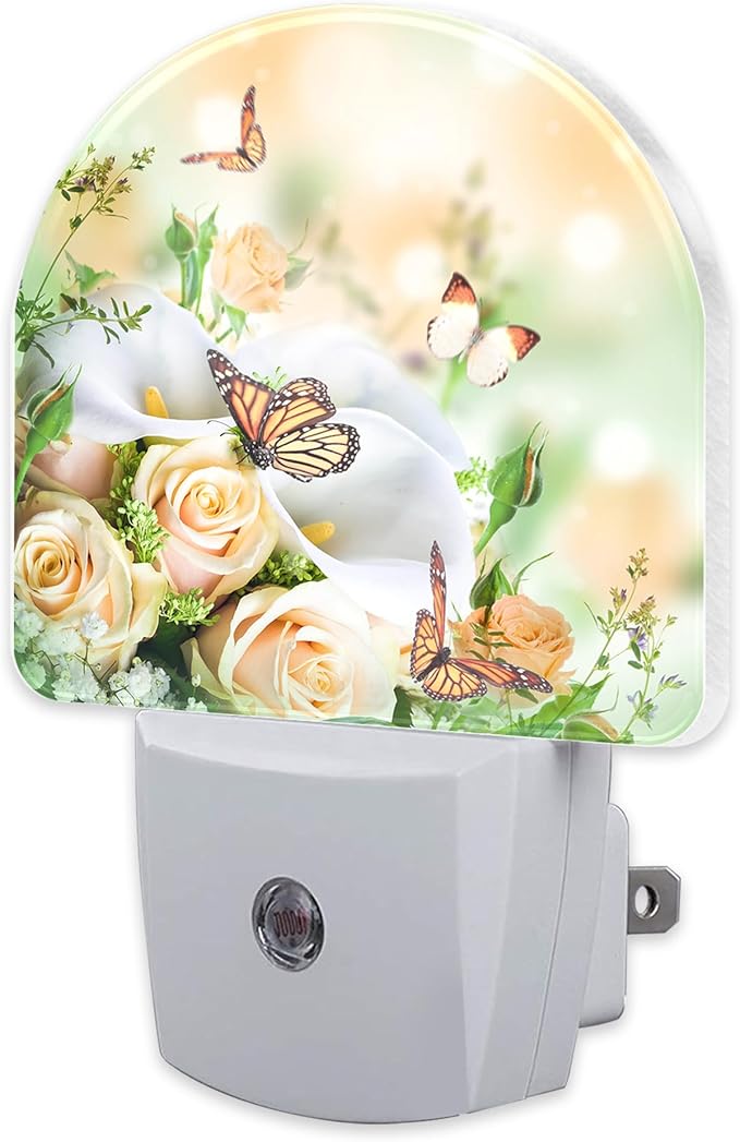 Yellow Rose Flowers Butterfly Night Light Plug into Wall, Spring Floral Butterflies Dusk to Dawn Night Light Plug in,0.5w Energy Saving Sleep Friendly NightLight for Kids Boys Girls Home Decor