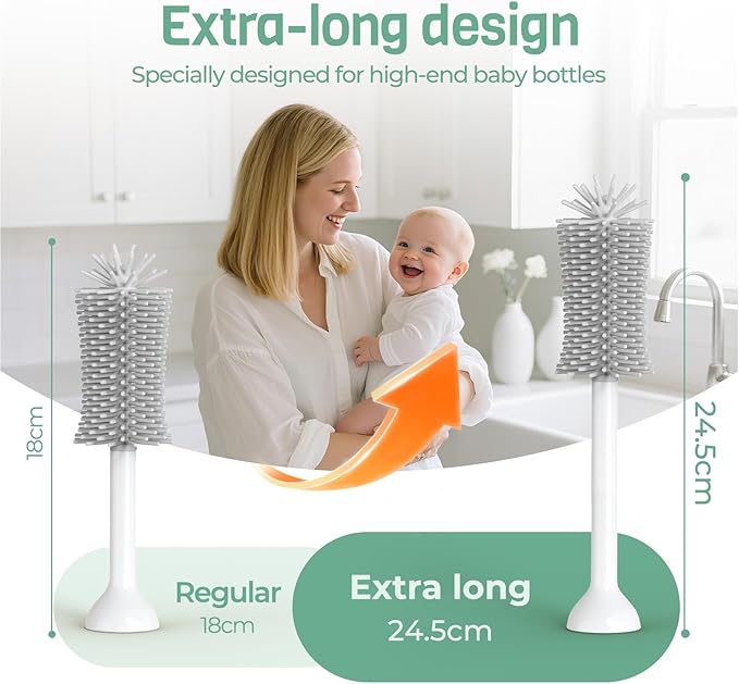 SEANCHEER S02 Electric Bottle Brush Set, Portable Baby Bottle Brush Cleaner, AA Battery-Powered & IPX7 Waterproof, with Silicone Bottle/Nipple/Sponge/Straw Brush, for New Parents (Extra-Long)