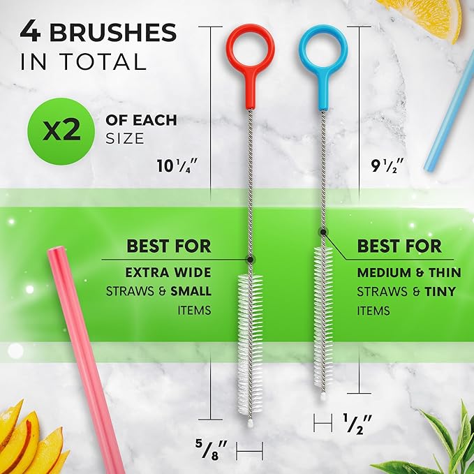 Heavy Duty Cleaning Brushes Set of 4 - Extra Long Straw Cleaners for Metal and Plastic Reusable Drinking Straws, to Clean Small Spaces, Sippy Cups, Water Bottles - Sturdy Hard Brush Bristles