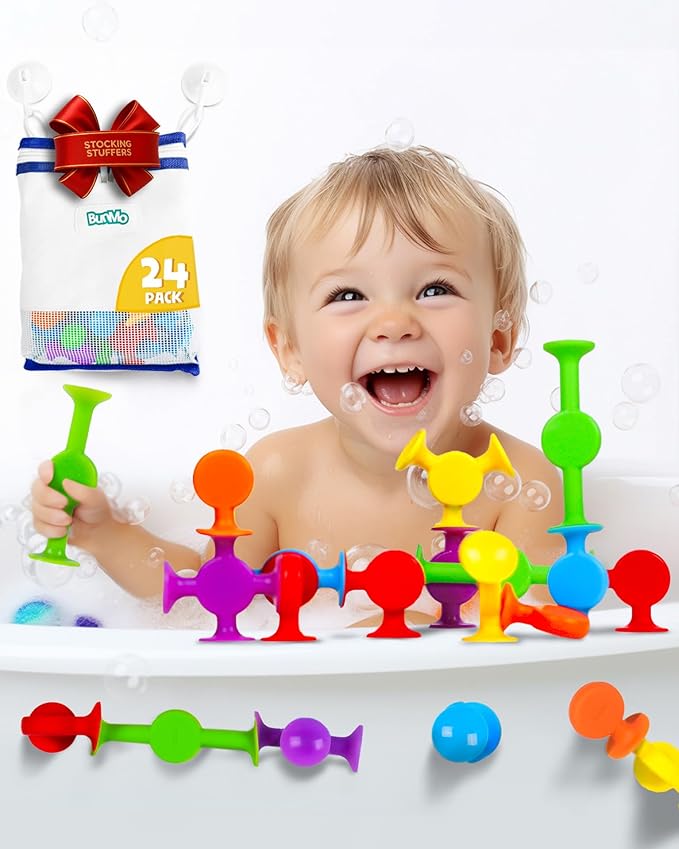 BUNMO Stocking Stuffers for Kids - Toddler Suction Bath Toys - Connect, Build, Create - Toddler Stocking Stuffers - Fine Motor Skills - Stimulating Sensory Fun - Original 24 Pack
