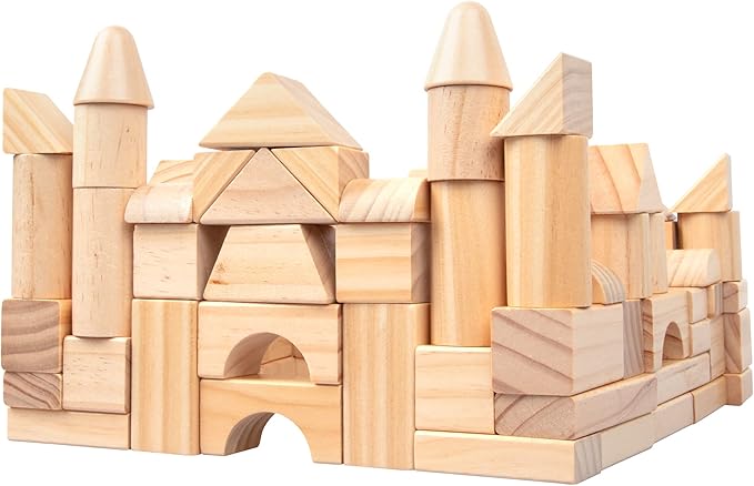 Wooden Blocks Set - 100 Pc Natural Colored Wood Building Block Toys- 100% Real Wood, 14 Different Shapes, Great Gift for Kids or School Project, Hands On Indoor Activity Play- Build, Stack and Create