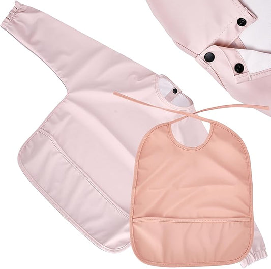 CHILDLIKE BEHAVIOR Baby Smock Bib - Waterproof Travel Buddy, Mess-Proof Feeding - Long Sleeves, Gentle Closure- Two-Layer