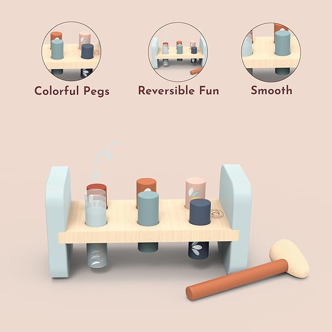 Speedy Monkey Tap Tap Hammer Bench – Colorful Wooden Toy for Kids 1-3 Year Up, Develops Hand-Eye Coordination, Hammer Pegs Through Holes, Reversible Fun, Non-Toxic Paint , Engaging Educational Toy
