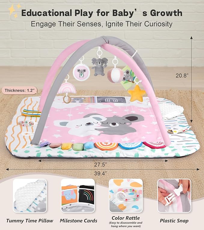 Baby Play Mat Activity Gym with Tummy Time Pillow, 6 Developmental Zones Tummy Time Mat, 6 Detachable Sensory Toys and Educational Cards, Essential Baby Shower Set, Pink Koala