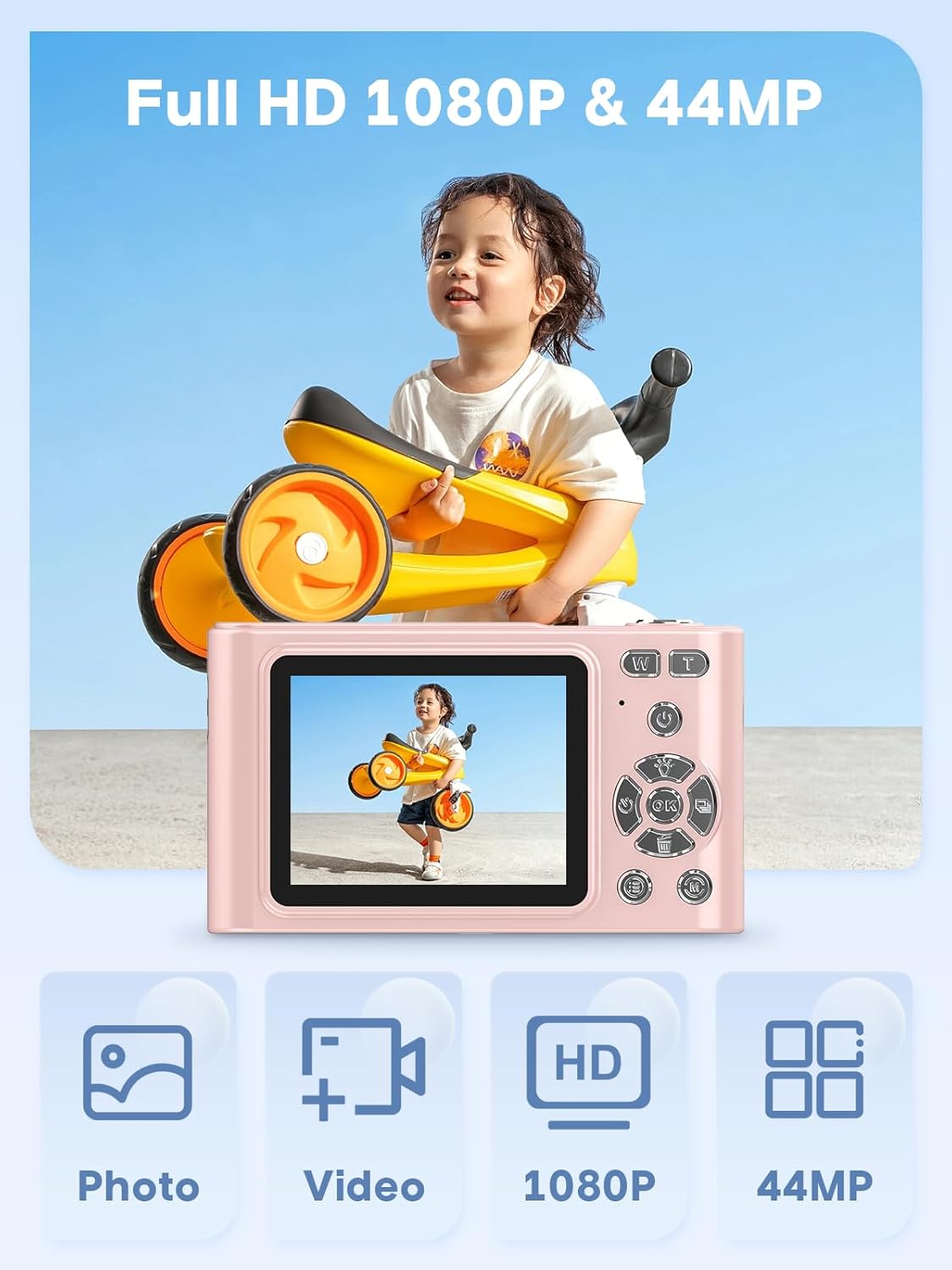 Digital Camera, 44MP Full HD 1080P Point and Shoot Camera with 64GB Card, Anti Shake 16X Zoom Compact Volg Cameras, Portable Small Digicam Gift for Kids, Ages Teen Girl Boy - Pink