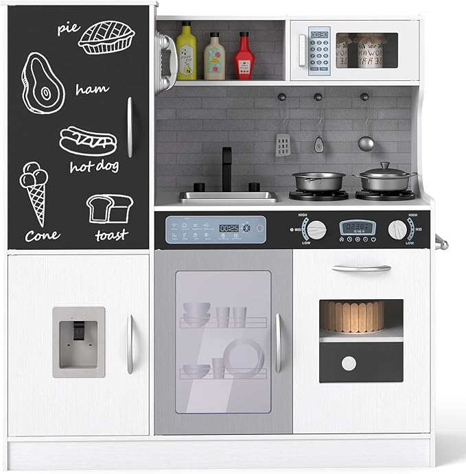 HONEY JOY Upgrade 39 in Kids Kitchen Playset, Large Wooden Little Chef Pretend Toy Kitchen Set w/Chalkboard, Telephone, Utensils, Oven, Microwave, Sink, Storage, Play Kitchen for Toddlers (White)