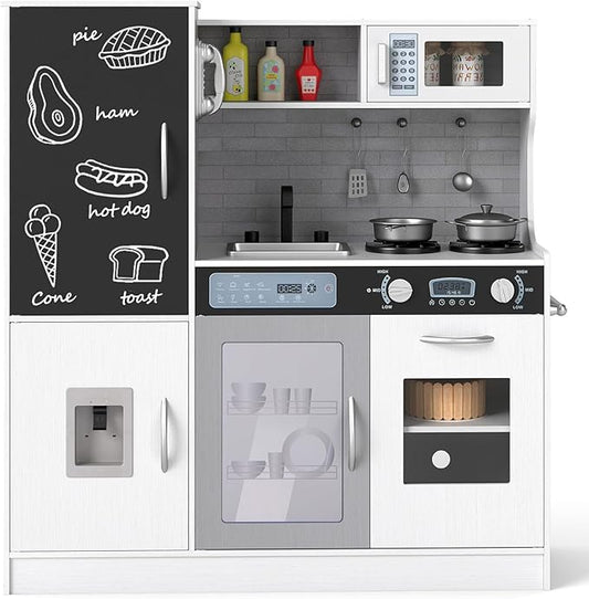 HONEY JOY Upgrade 39 in Kids Kitchen Playset, Large Wooden Little Chef Pretend Toy Kitchen Set w/Chalkboard, Telephone, Utensils, Oven, Microwave, Sink, Storage, Play Kitchen for Toddlers (White)
