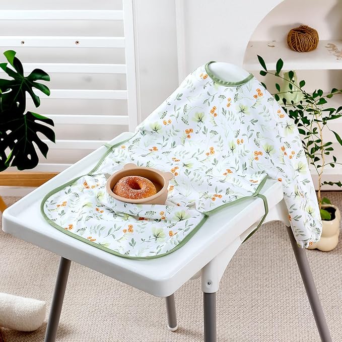 2-Pack Long Sleeve Baby Bib,Coverall Baby Bibs for Eating,Waterproof,Attaches to Highchair&Table,Ages 1 to 3 Years