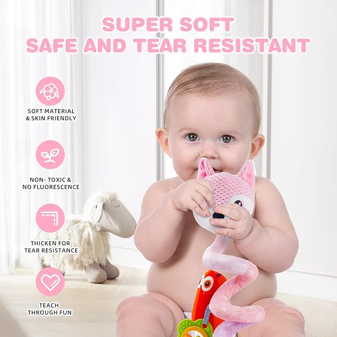 Jollybaby Crib Stroller Car Seat Toys for Baby 0-3-6-9-12 Months, Tummy Time Hanging Sensory Toys for Newborn with Music Box and Teether, Spiral Carseat Toy for Infant Boys Girls Gifts (05-Pink Fox)