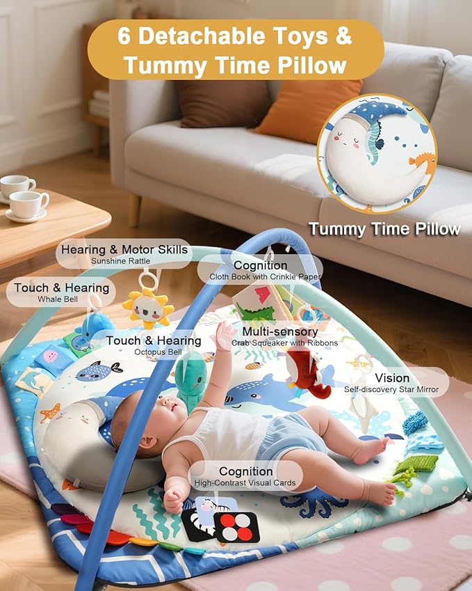 Baby Play Gym with 4 Developmental Zones – Tummy Time Mat & Activity Mat with 6 Sensory Toys, Visual Cards & Pillow – Baby Essentials & Ideal Gift for Newborns