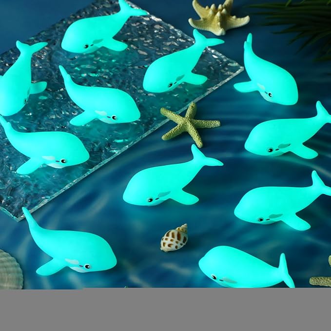 HyDren 48 Pcs Glow in The Dark Rubber Whale Bulk Squeaky Rubber Whale Luminous Mini Sea Animal Toys Bathtub Favors for Classroom Operation Christmas Basket Stuffers Child Gift Bulk(Blue)