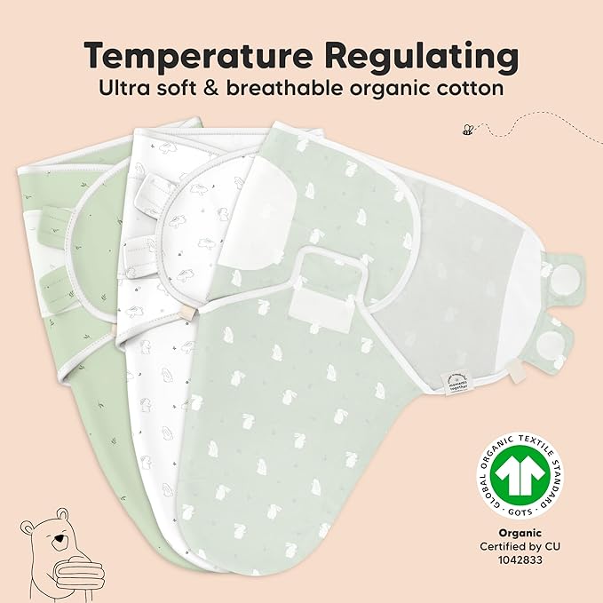 3-Pack Organic Baby Swaddle Sleep Sacks - Swaddles for Newborns, Infant 0-3 Months, Baby Girls, Boys, Soft & Snug Newborn Sleep Sack, Nursery Swaddling Blankets (Bunnies, XS)