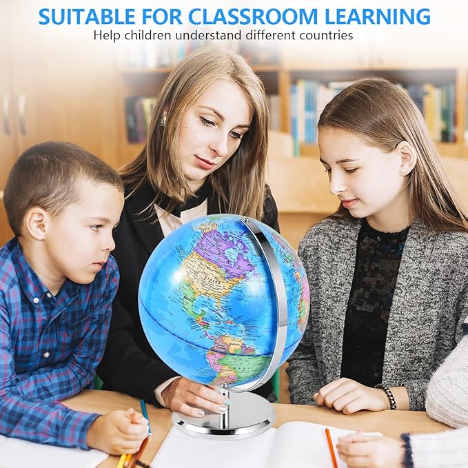 10 Inch World Globe Rotating Earth Spinning Globe with Heavy Metal Stand for Kids Geography Classroom Education or Office Home Decorations