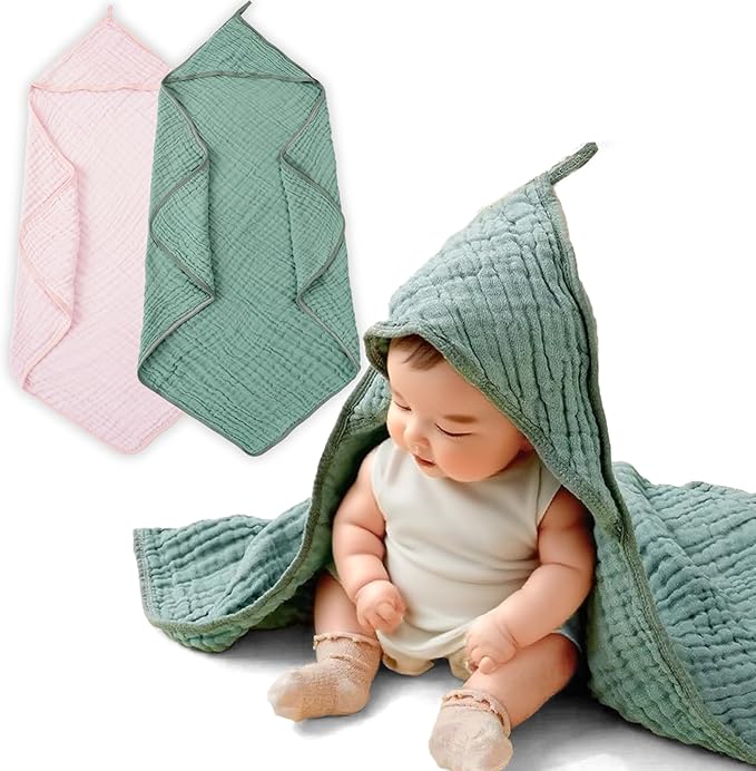 Muslin Hooded Baby Towels,2 Pack Baby Bath Towels,Large 31.5x31.5Inch,Hooded Towels for Baby and Infant,Soft&Absorbent(Green and Pink)