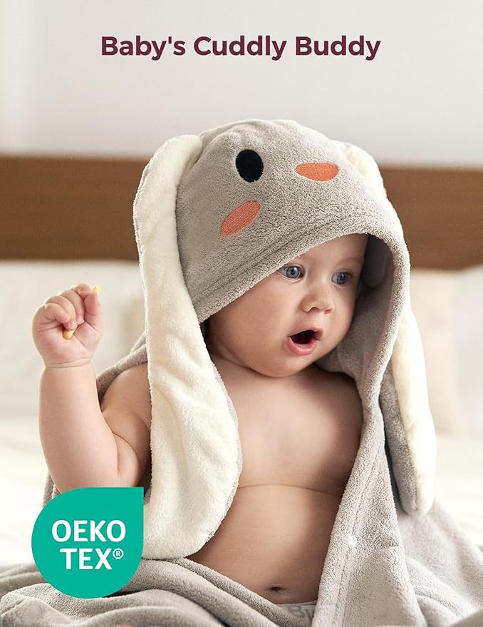 Momcozy Baby Bath Towels with Visualize Health Label - Ultra Soft & Absorbent Coral Fleece Hooded Towels for Newborn, Infant, Toddler (0-36 Months) Bath Essentials (Large Size,2 Pack)