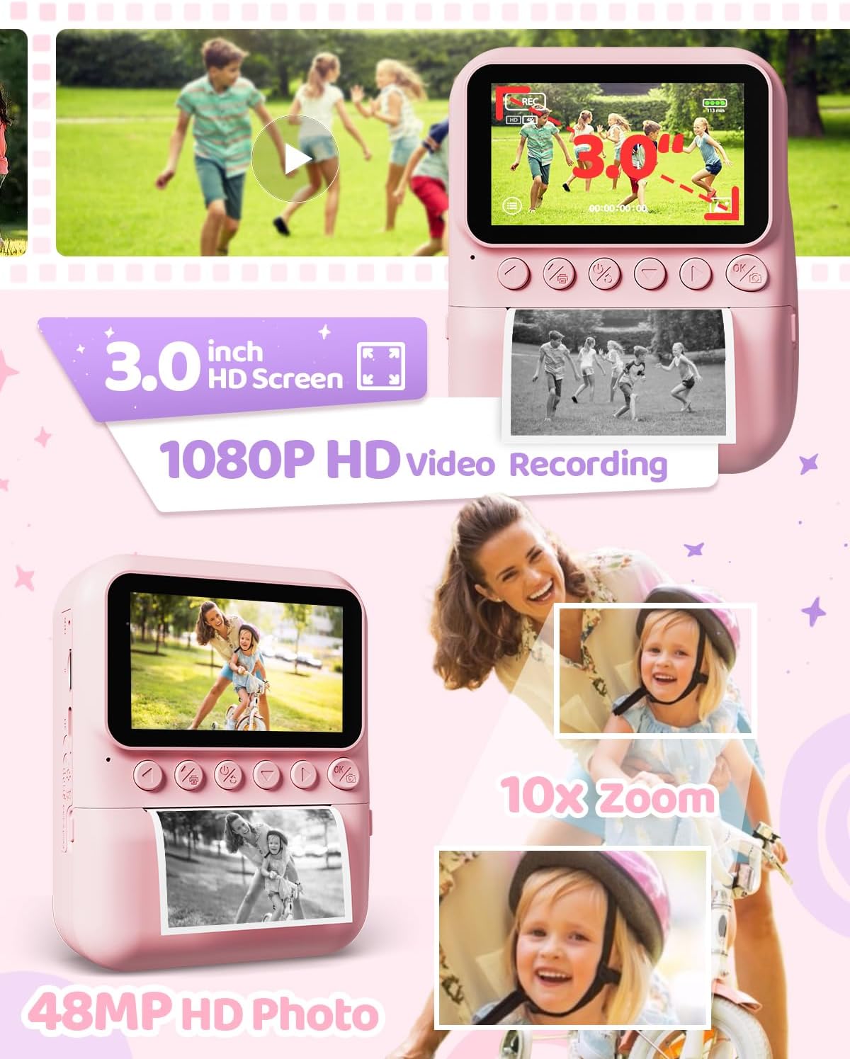 Kids Camera Instant Print for Girls Ages 3-14, 3-inch HD Screen Camera for Kids with Printing Paper, 1080P Digital Toddler Toys for 4 5 6 7 8 9 10 11 12 Years Old (Pink)