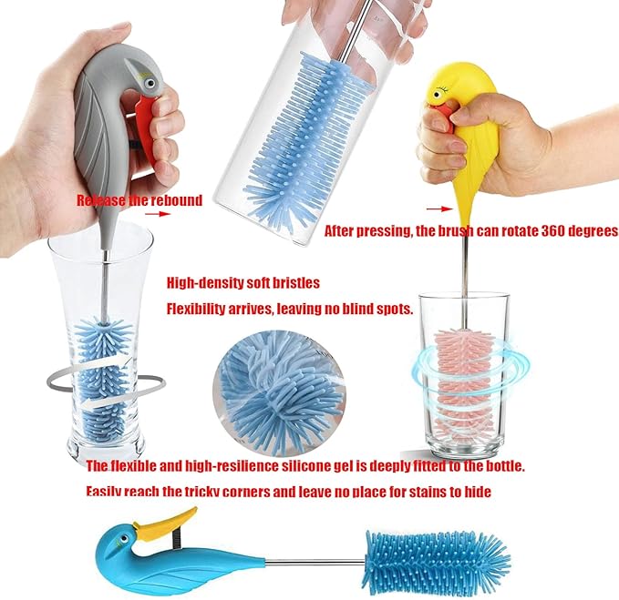 Silicone Bottle Brush Semi-Automatic Bottle Cleaner Brush for Baby, Sports, Vase, Glassware, and Smaller Diameter Openings