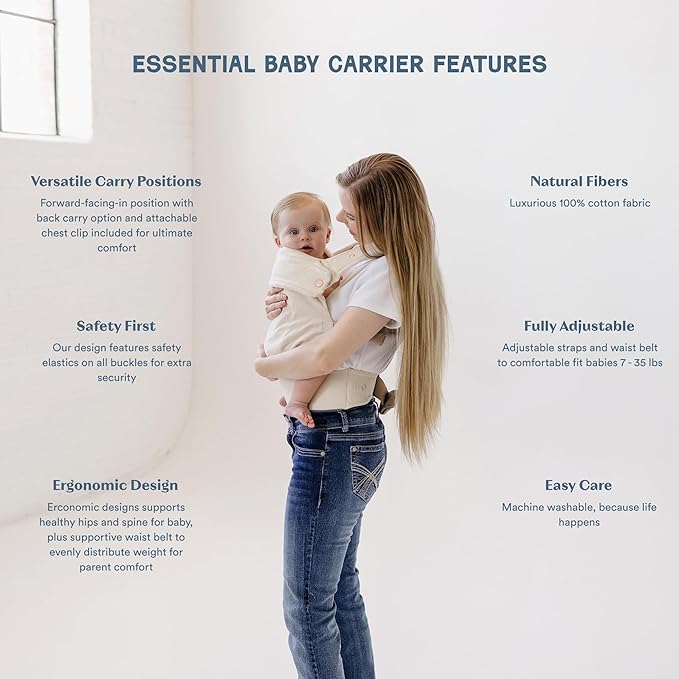 Ava & Oliver Essential Baby Carrier – Ergonomic, Hip-Healthy Soft Structured Carrier for Infants & Toddlers (7–35lbs) - Front and Back Carry, Breathable Fabric, Stylish & Lightweight (Vanilla)
