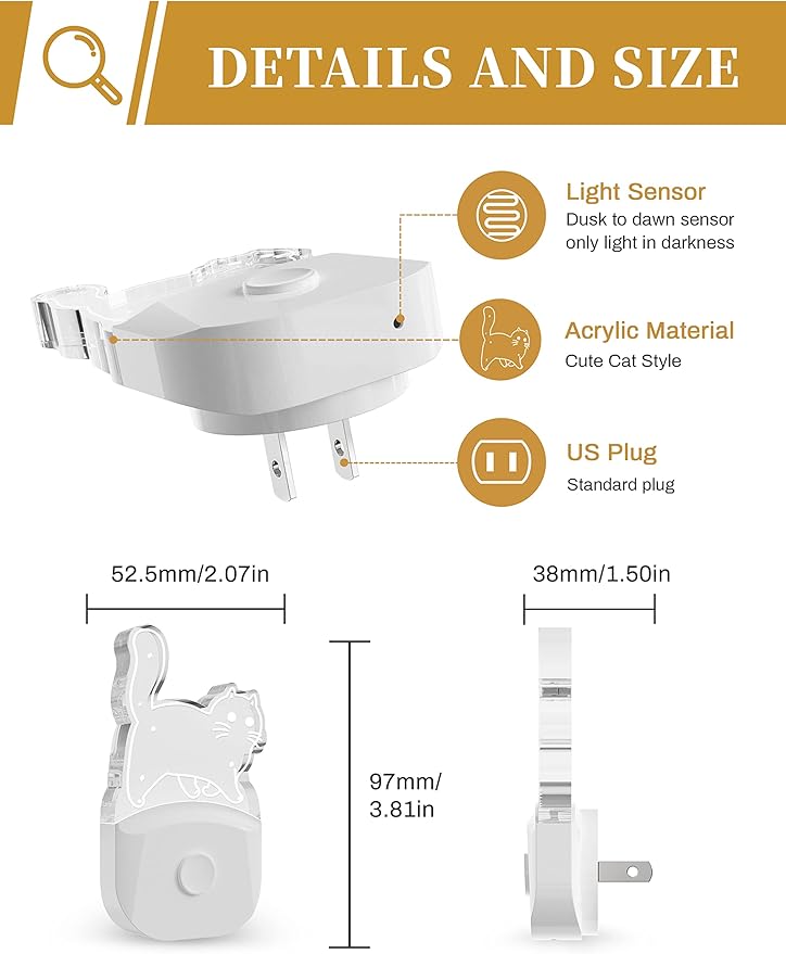 DORESshop Cat Night Light [2 Pack], Kids Night Light with 8-Color RGB, Plug in, Dusk-to-Dawn Sensor, Rainbow LED Baby Night Light for Bathroom, Cute Room Decor,Boys Girls Gift