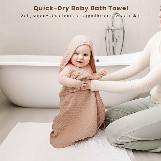 Konssy 2-Pack Muslin Hooded Baby Towels, 100% Cotton, Ultra-Soft & Absorbent Baby Bath Towels with Hood for Newborn & Infant (Taupe,Soft Blooms,32" x 32")