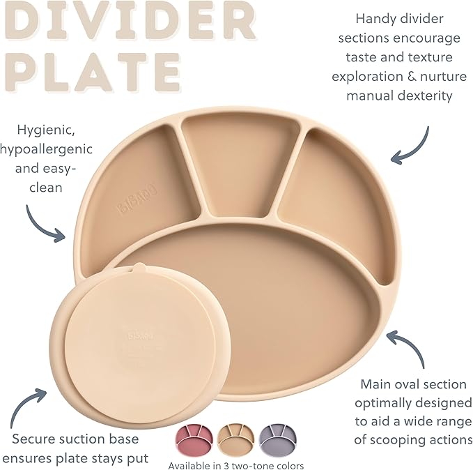BIBaDO - Silicone Suction Divider Plate (Fawn) - Toddler Plates - Help Develop Motor Skills - Durable, Dishwasher & Microwave Safe, BPA Free - Medical Grade - Baby Essentials - 6 Months to 3 Years