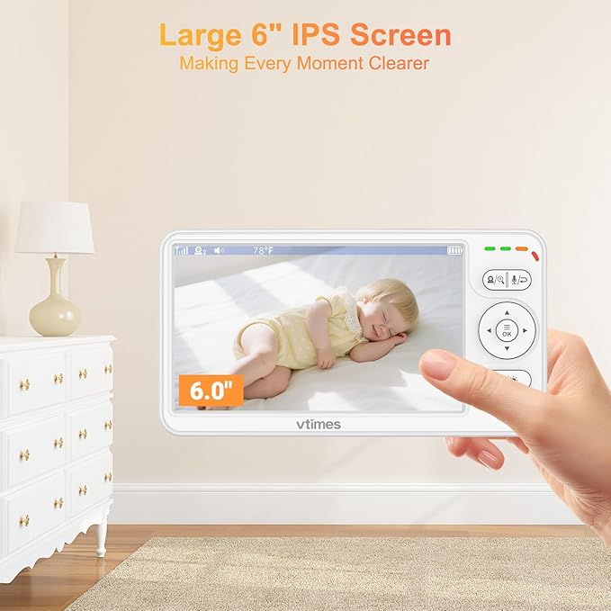 Baby Monitor with Camera and Audio, 6'' IPS Screen with 30-Hour Battery, Baby Monitor No WiFi Night Vision, ECO, 2-Way Audio, Pan-Tilt-Zoom, Baby Camera Monitor with 1000ft Range, Ideal Gift