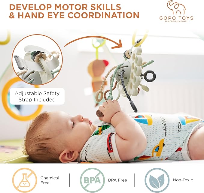 GOPO TOYS Baby Airplane Toys – Montessori Silicone Pull String Fidget for Babies 18 Months+ – Travel Toy for Plane, Car, and Stroller – Teether & Sensory Play