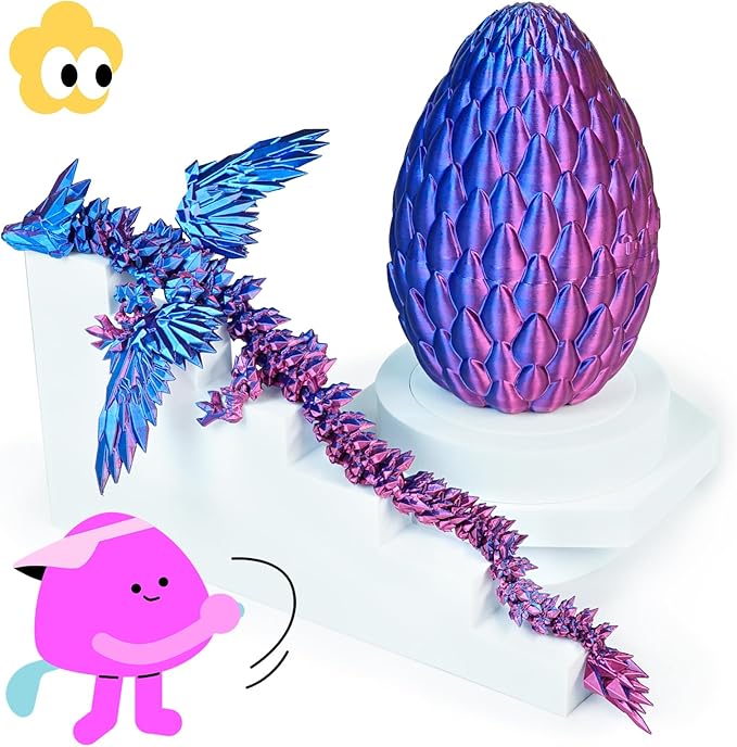 3D Printed Dragon Eggs with Articulated Fly Dragon Inside, Collectible Figurines Fidget Toy for Adults Kids Birthday Easter Christmas White Elephant Gifts for Friends Colleagues(Purple, L size)