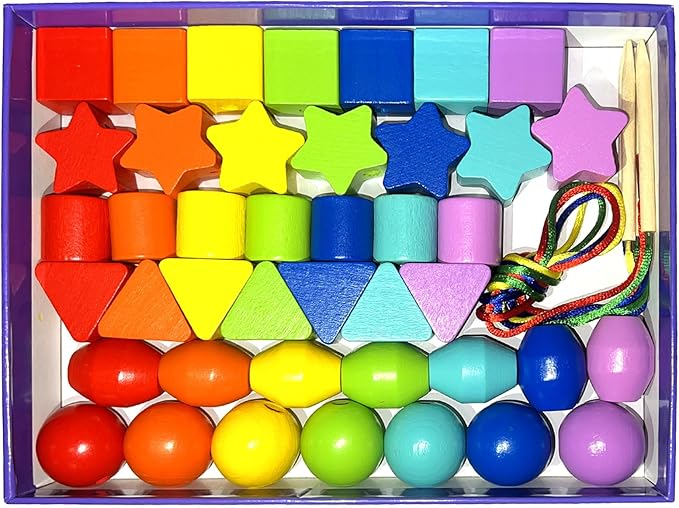 46PCS Montessori Lacing Toddler Beads Threading Toys for Toddlers Wooden Primary String Sewing Preschool Fine Motor Skills Educational Toy for 3 4 5 6Years Old Boys Girls
