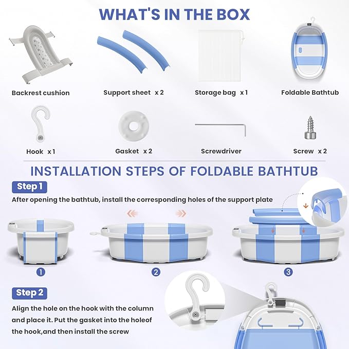 Collapsible Baby Bathtub, Baby Tubs for Newborns with Soft Cushion & Thermometer & Toy Organizer Mesh Bag, Infant Bathtub to Toddler 0-36 Months, Portable Travel Newborn Baby Bathtubs (Blue)