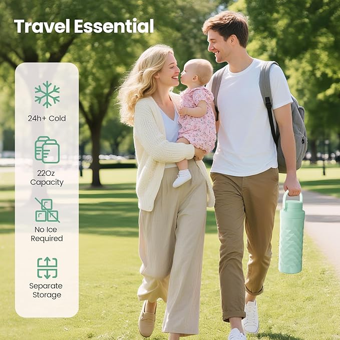 Mosthink 22oz Breast Milk Cooler Bottle, 360°Cooling Keeps Milk 24 Hours Fresh Portable Breastmilk Chiller with 2pcs Baby Storage Bottle for Travel & Outdoor Use, Breastfeeding Essentials