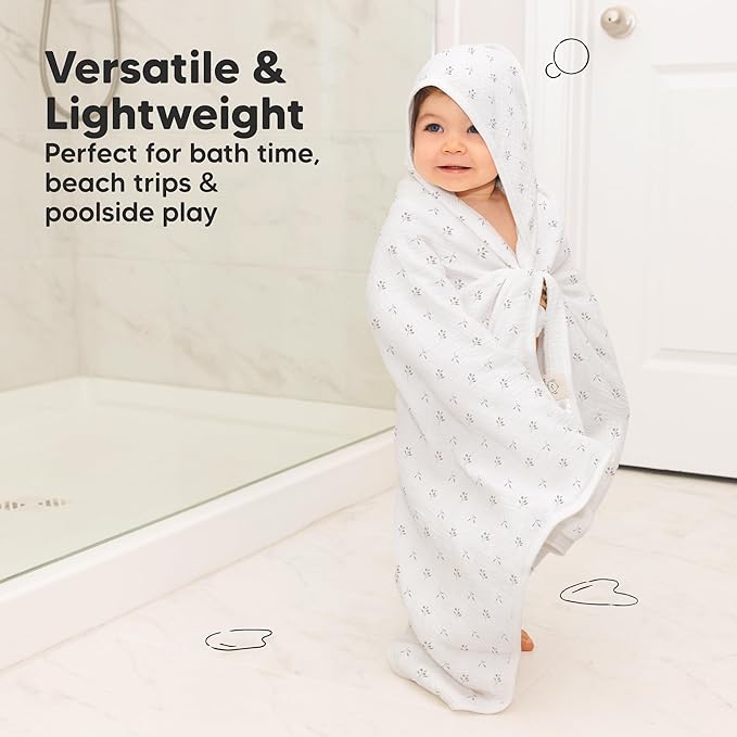 KeaBabies Muslin Baby Bath Towels with Hood for Girls, Boys -Large Organic Cotton Hooded Baby Towels for Newborns,Toddlers,Infant,Kids,Soft Absorbent Newborn Bath Essentials Gift Set(Petunia, Regular)