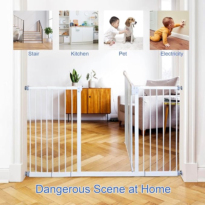 Kinfant Extra Wide Baby Gate - 58-Inch White Doorway & Stair Gate, Tall & Adjustable Extension Pressure Pet Gate, with Extension Kit, Pressure Mount Kit, Wall Cups