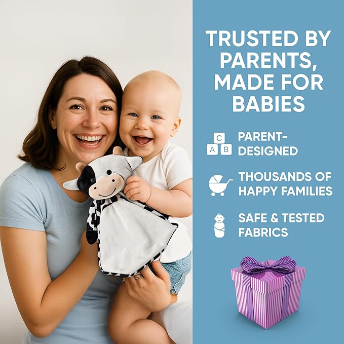 Baby Sleep Soother Black & White Cow Plush with Heartbeat & Lullaby Sounds, 4-in-1 Sound Machine, Security Blanket & Pacifier Holder, Baby Registry Essential & Christmas Gift for Newborns & Infants