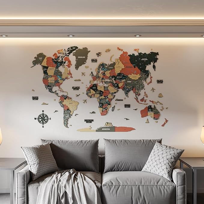 Colorfull Worlds 3D Wooden World Map Wall Art - Premium Multicolored World Travel Map for Wall Decor with Push Pins- Ideal Housewarming Gift & Travel Tracker (XLarge, Sage)