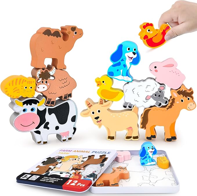 Wooden Animal Puzzles Toys for Toddlers,12 Pcs Farm Animal Figures,Animal Matching Sorting Stacking Toys for Boys Child Girls,Educational Learning Toys Gift for Kids